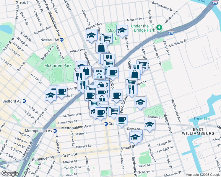 map of restaurants, bars, coffee shops, grocery stores, and more near 177 Richardson Street in Brooklyn
