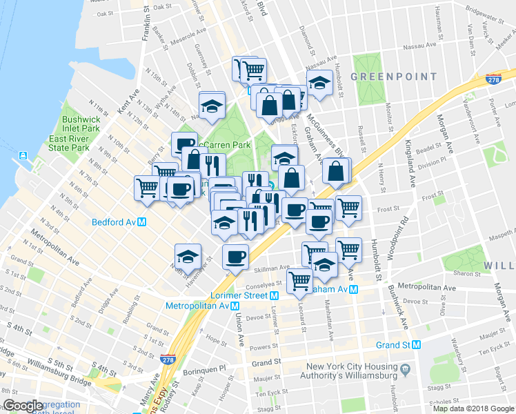 map of restaurants, bars, coffee shops, grocery stores, and more near 61 Bayard Street in Brooklyn