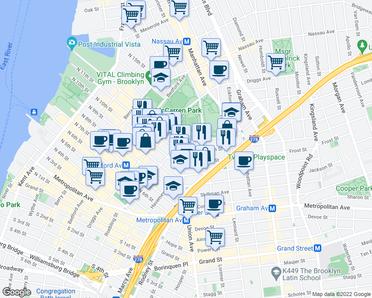 map of restaurants, bars, coffee shops, grocery stores, and more near Union Avenue in Brooklyn