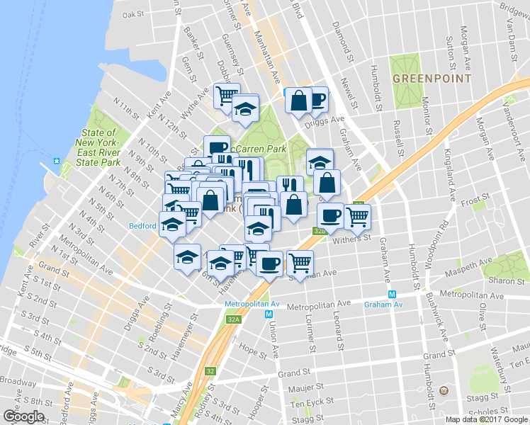 map of restaurants, bars, coffee shops, grocery stores, and more near Union Avenue in Brooklyn