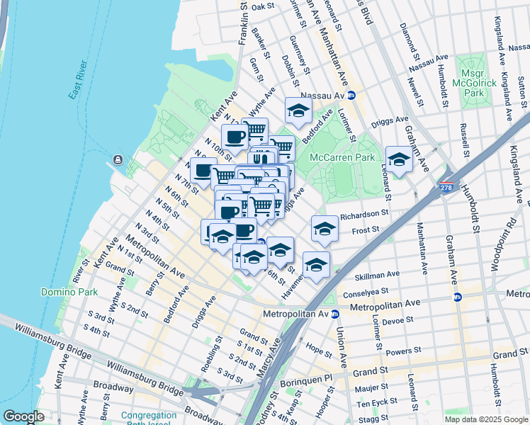 map of restaurants, bars, coffee shops, grocery stores, and more near 167 North 9th Street in Brooklyn