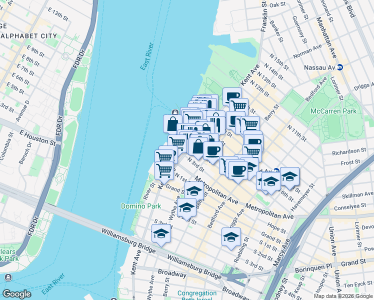 map of restaurants, bars, coffee shops, grocery stores, and more near 184 Kent Avenue in Brooklyn