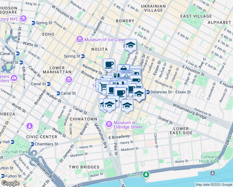 map of restaurants, bars, coffee shops, grocery stores, and more near 139 Eldridge Street in New York
