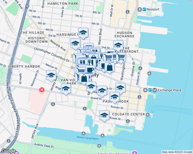 map of restaurants, bars, coffee shops, grocery stores, and more near in Jersey City