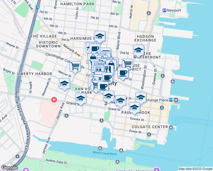map of restaurants, bars, coffee shops, grocery stores, and more near 292 Grove Street in Jersey City