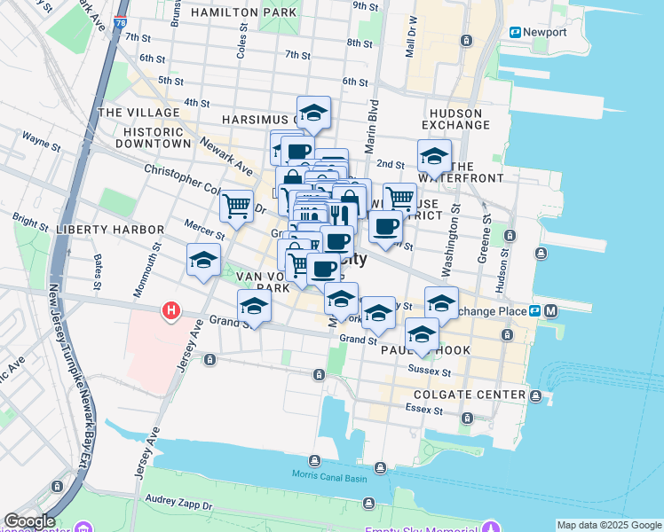 map of restaurants, bars, coffee shops, grocery stores, and more near in Jersey City
