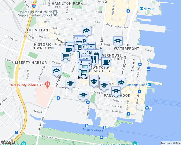 map of restaurants, bars, coffee shops, grocery stores, and more near in Jersey City