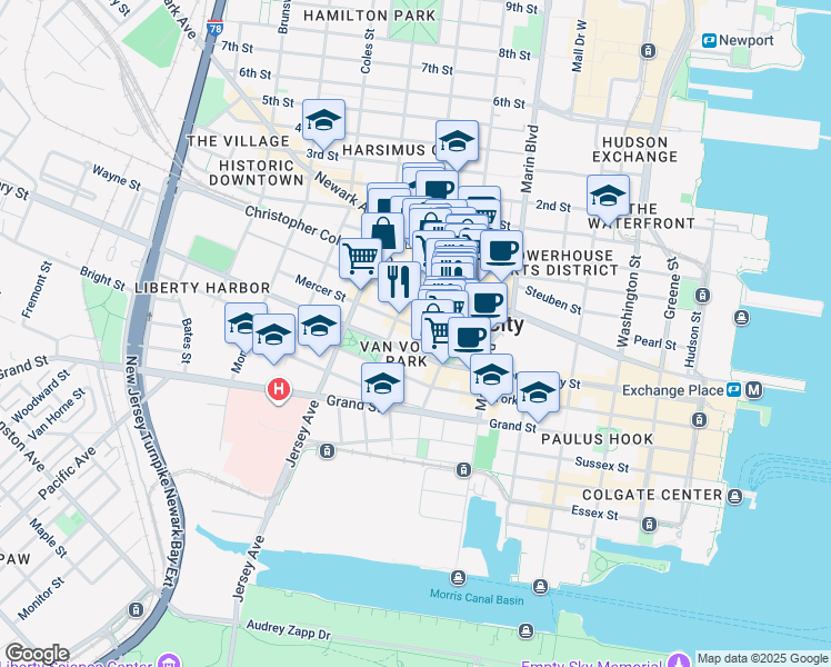 map of restaurants, bars, coffee shops, grocery stores, and more near 49 Wayne Street in Jersey City
