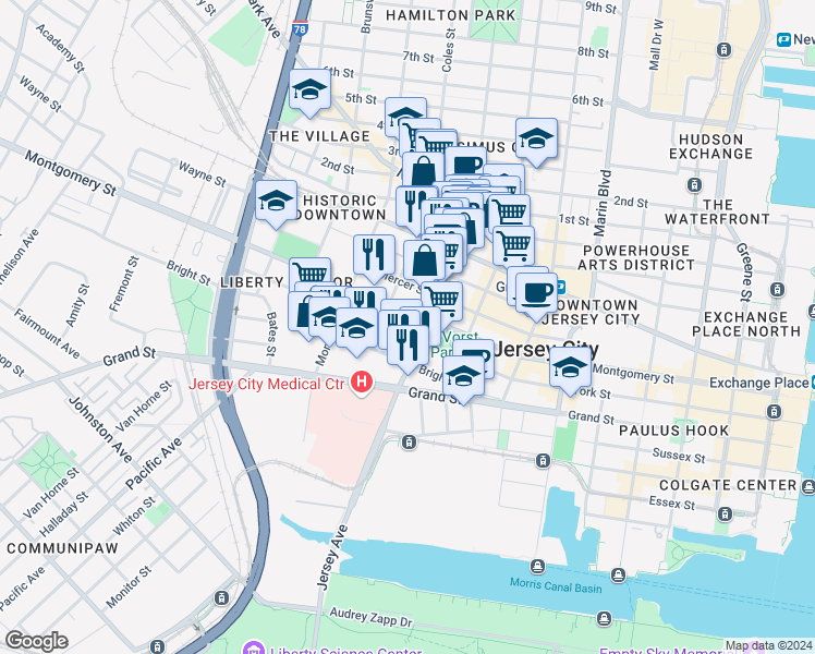 map of restaurants, bars, coffee shops, grocery stores, and more near 304 Varick Street in Jersey City