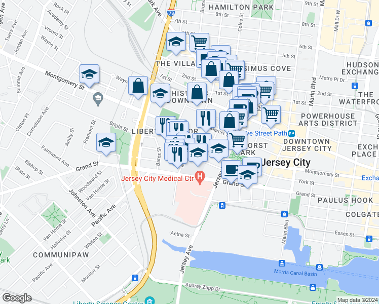 map of restaurants, bars, coffee shops, grocery stores, and more near 420 Grand Street in Jersey City