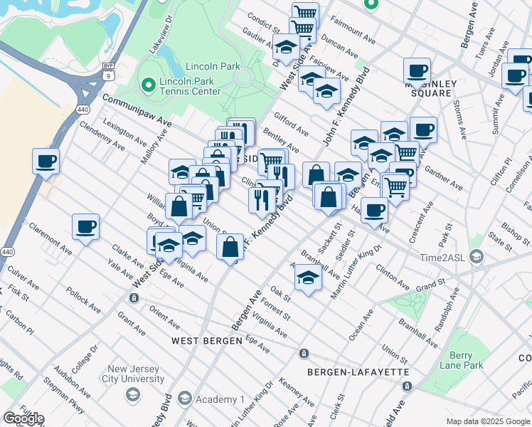map of restaurants, bars, coffee shops, grocery stores, and more near 193 Clinton Avenue in Jersey City