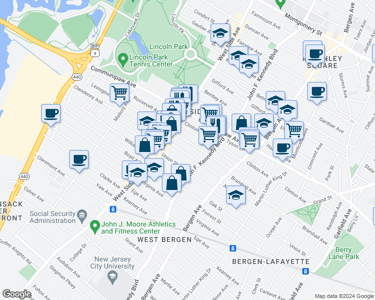 map of restaurants, bars, coffee shops, grocery stores, and more near 90 Lexington Avenue in Jersey City
