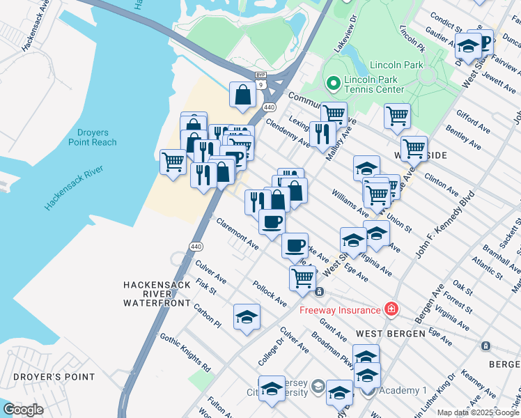 map of restaurants, bars, coffee shops, grocery stores, and more near 378 Ege Avenue in Jersey City
