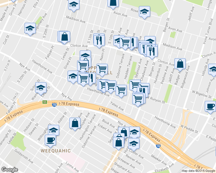 map of restaurants, bars, coffee shops, grocery stores, and more near 245 West Runyon Street in Newark