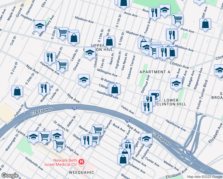 map of restaurants, bars, coffee shops, grocery stores, and more near 274 West Runyon Street in Newark