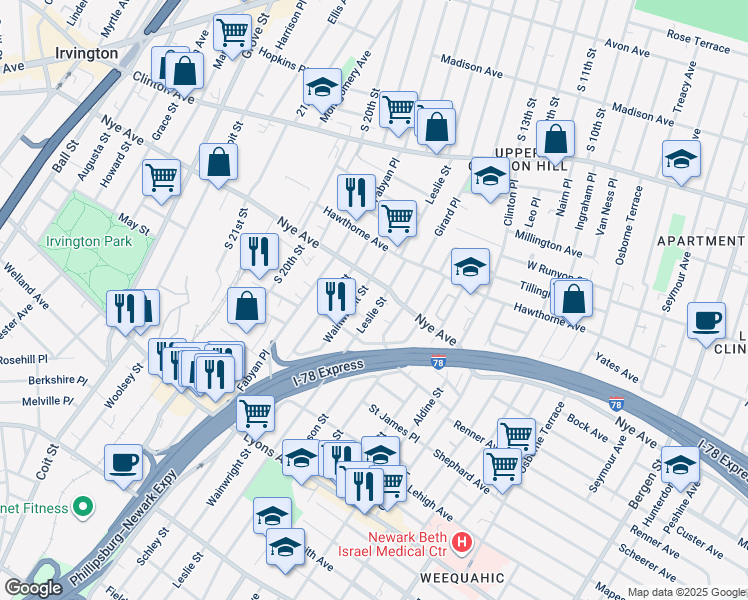 map of restaurants, bars, coffee shops, grocery stores, and more near 244 Nye Avenue in Newark