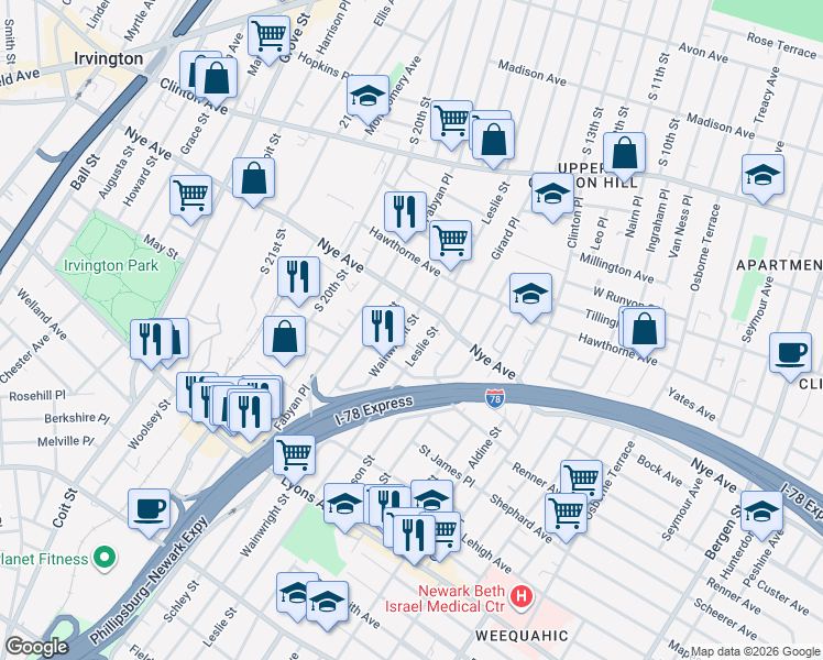 map of restaurants, bars, coffee shops, grocery stores, and more near 244 Nye Avenue in Newark