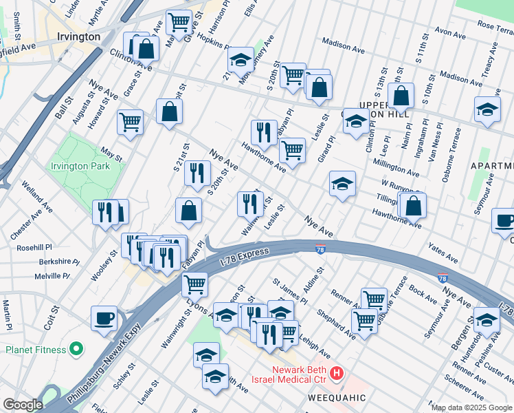 map of restaurants, bars, coffee shops, grocery stores, and more near 244 Nye Avenue in Newark