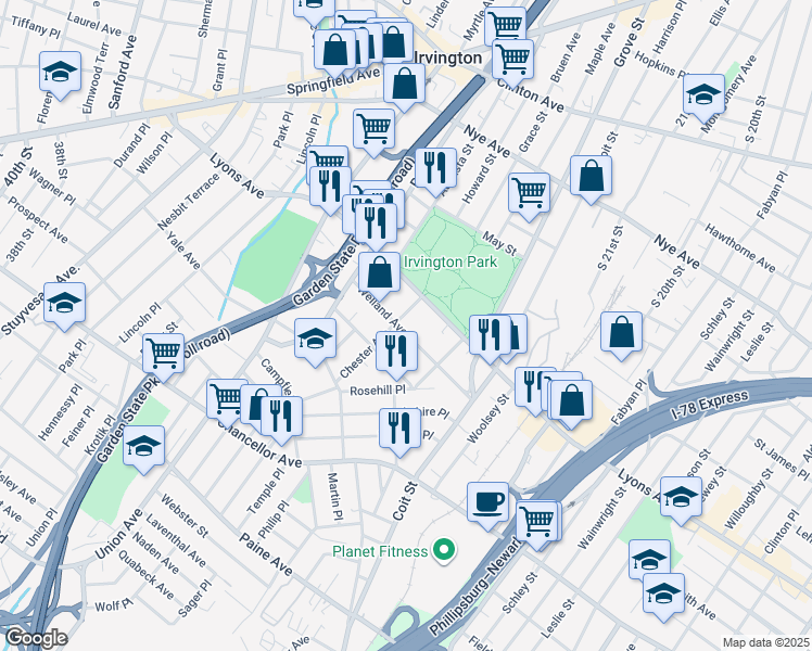 map of restaurants, bars, coffee shops, grocery stores, and more near 15 Chester Avenue in Irvington