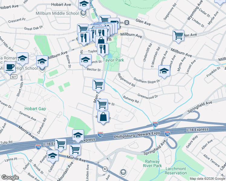 map of restaurants, bars, coffee shops, grocery stores, and more near 122 Greenwood Drive in Millburn
