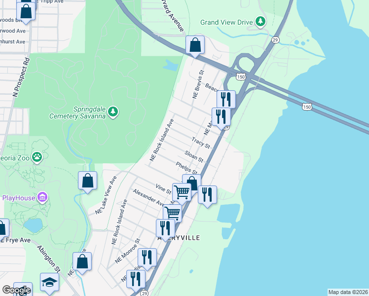 map of restaurants, bars, coffee shops, grocery stores, and more near 515 Tracy Street in Peoria