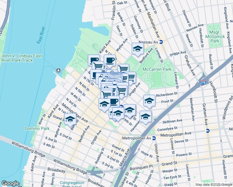 map of restaurants, bars, coffee shops, grocery stores, and more near 141 North 8th Street in Brooklyn