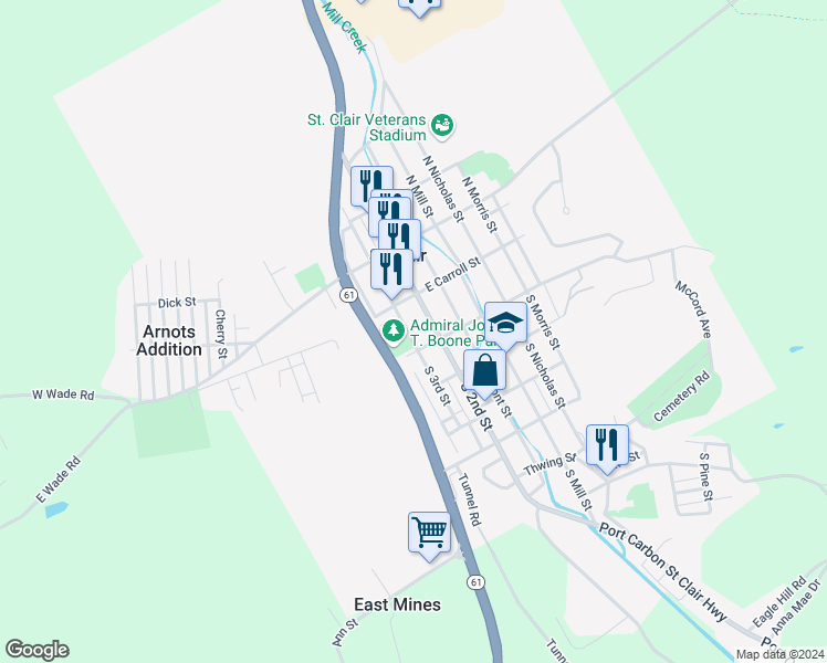 map of restaurants, bars, coffee shops, grocery stores, and more near 39 South 3rd Street in Saint Clair
