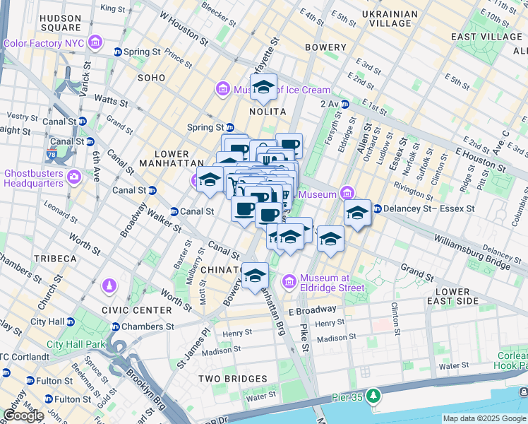 map of restaurants, bars, coffee shops, grocery stores, and more near 233 Grand Street in New York