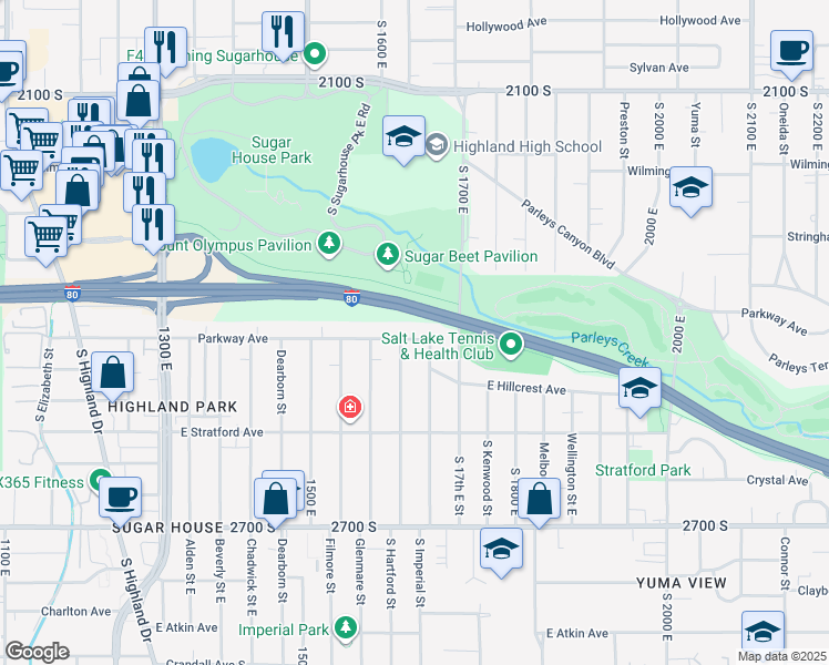 map of restaurants, bars, coffee shops, grocery stores, and more near 1627 East Parkway Avenue in Salt Lake City