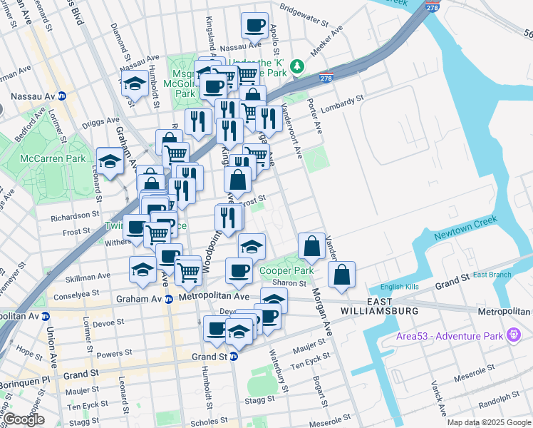 map of restaurants, bars, coffee shops, grocery stores, and more near 60 Kingsland Avenue in Brooklyn