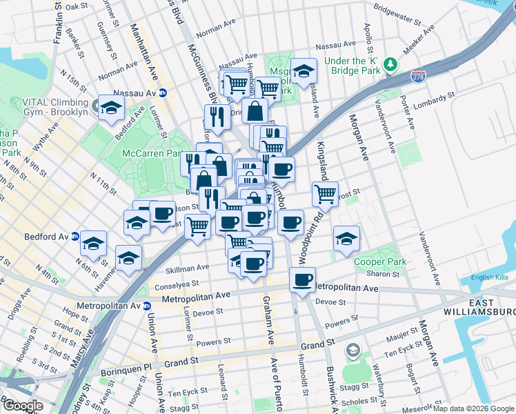 map of restaurants, bars, coffee shops, grocery stores, and more near 455 Graham Avenue in Brooklyn
