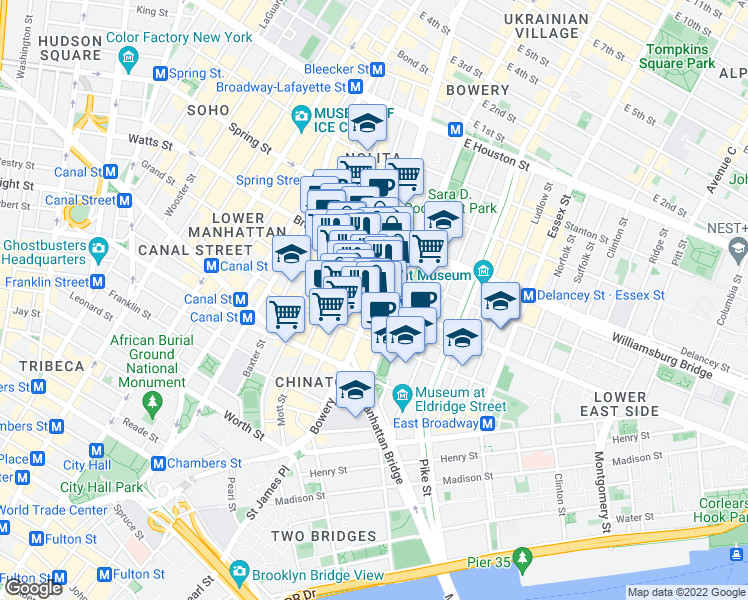 map of restaurants, bars, coffee shops, grocery stores, and more near Grand St & Bowery in New York