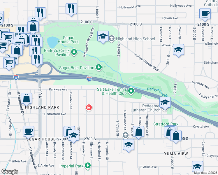 map of restaurants, bars, coffee shops, grocery stores, and more near 1645 Parkway Avenue South in Salt Lake City