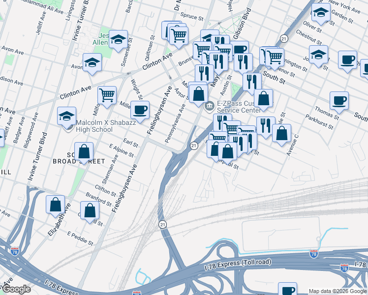 map of restaurants, bars, coffee shops, grocery stores, and more near 111-131 Vanderpool Street in Newark