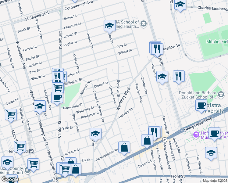 map of restaurants, bars, coffee shops, grocery stores, and more near 7 Chamberlain Street in Hempstead