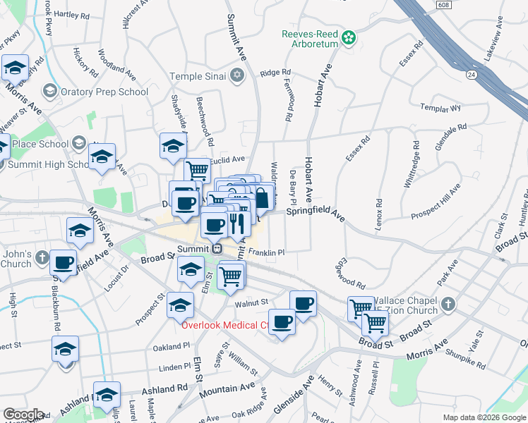 map of restaurants, bars, coffee shops, grocery stores, and more near 311 Springfield Avenue in Summit