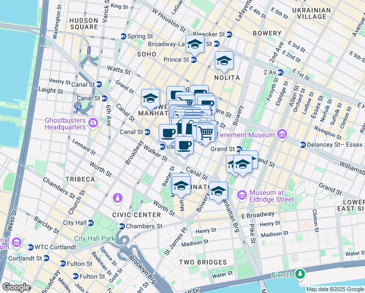 map of restaurants, bars, coffee shops, grocery stores, and more near Hester St & Baxter St in New York