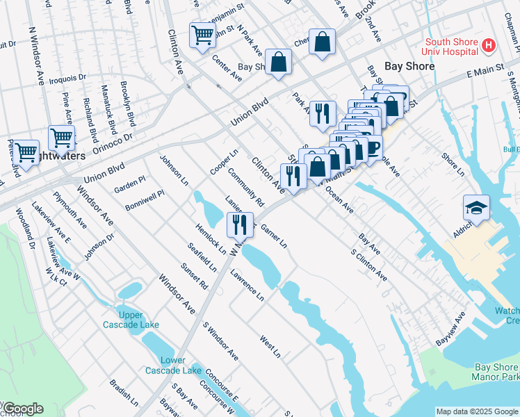 map of restaurants, bars, coffee shops, grocery stores, and more near 9 North Clinton Avenue in Bay Shore