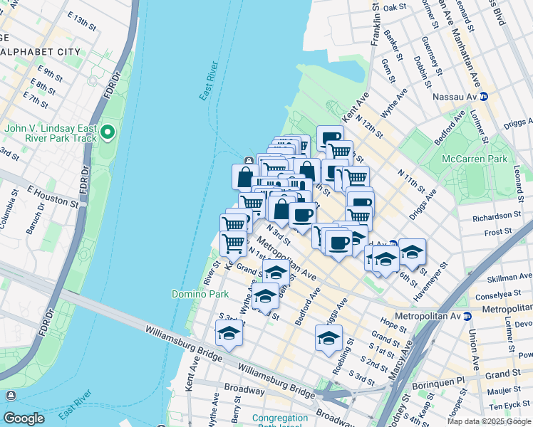 map of restaurants, bars, coffee shops, grocery stores, and more near 184 Kent Avenue in Brooklyn