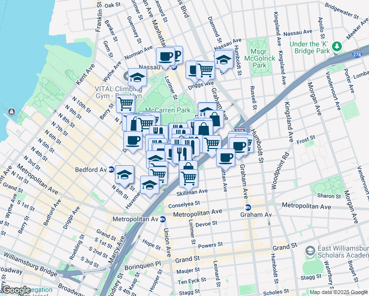 map of restaurants, bars, coffee shops, grocery stores, and more near 61 Bayard Street in Brooklyn