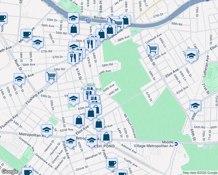 map of restaurants, bars, coffee shops, grocery stores, and more near 64-43 60th Avenue in Queens