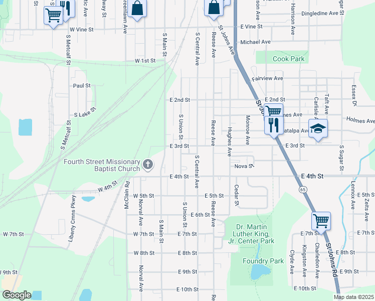 map of restaurants, bars, coffee shops, grocery stores, and more near 201 East 3rd Street in Lima