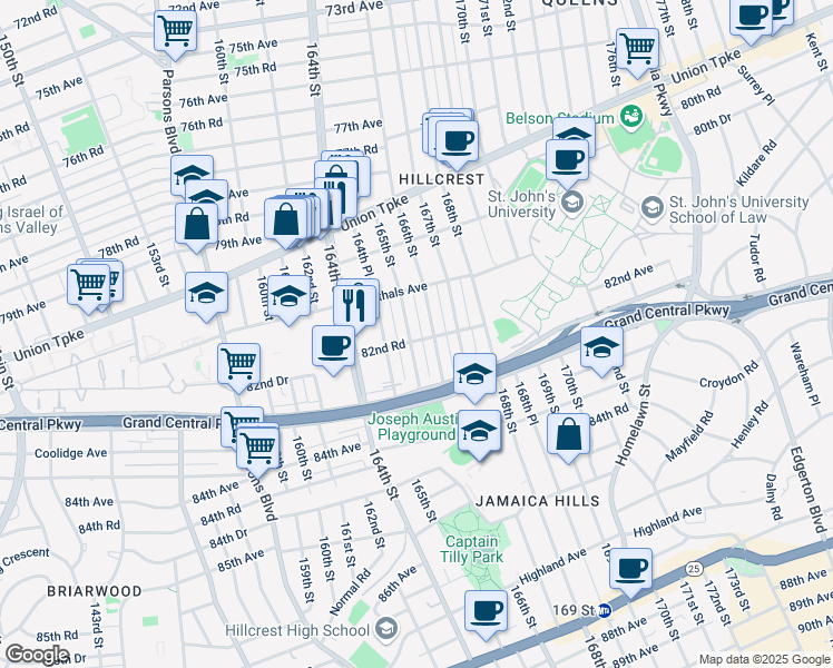 map of restaurants, bars, coffee shops, grocery stores, and more near 82-22 165th Street in Queens