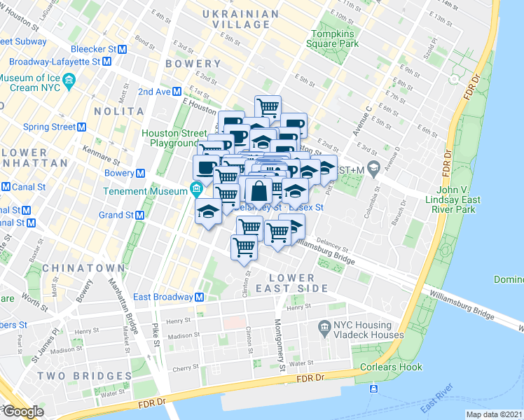 map of restaurants, bars, coffee shops, grocery stores, and more near in New York