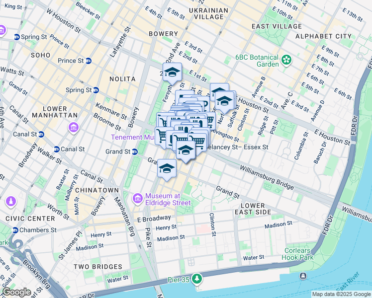 map of restaurants, bars, coffee shops, grocery stores, and more near 96 Delancey Street in New York
