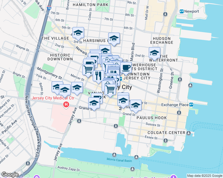map of restaurants, bars, coffee shops, grocery stores, and more near 49 Wayne Street in Jersey City
