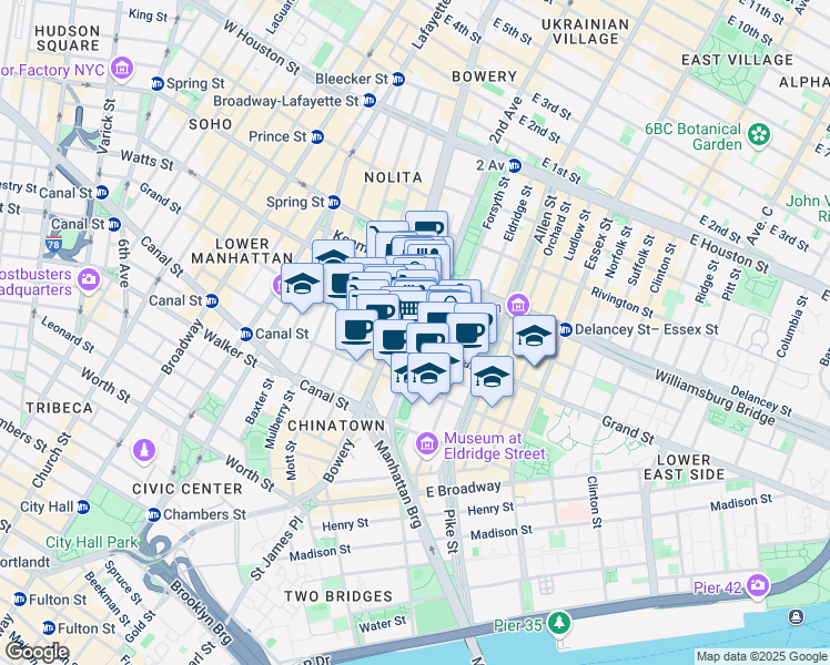 map of restaurants, bars, coffee shops, grocery stores, and more near 248 Grand Street in New York