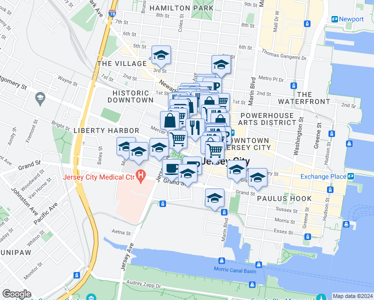 map of restaurants, bars, coffee shops, grocery stores, and more near 258 Montgomery Street in Jersey City