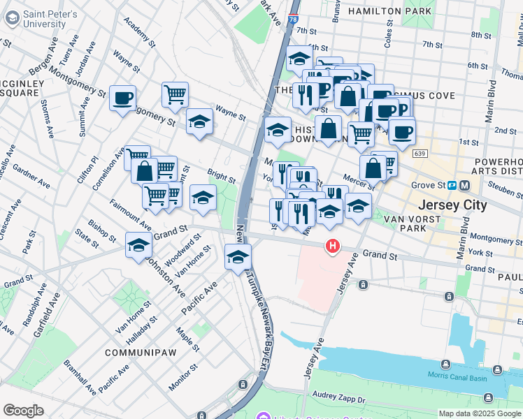 map of restaurants, bars, coffee shops, grocery stores, and more near 40 Center Street in Jersey City