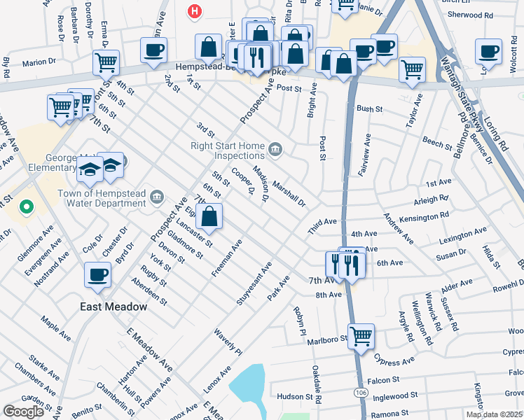 map of restaurants, bars, coffee shops, grocery stores, and more near 2436 Putnam Drive in East Meadow